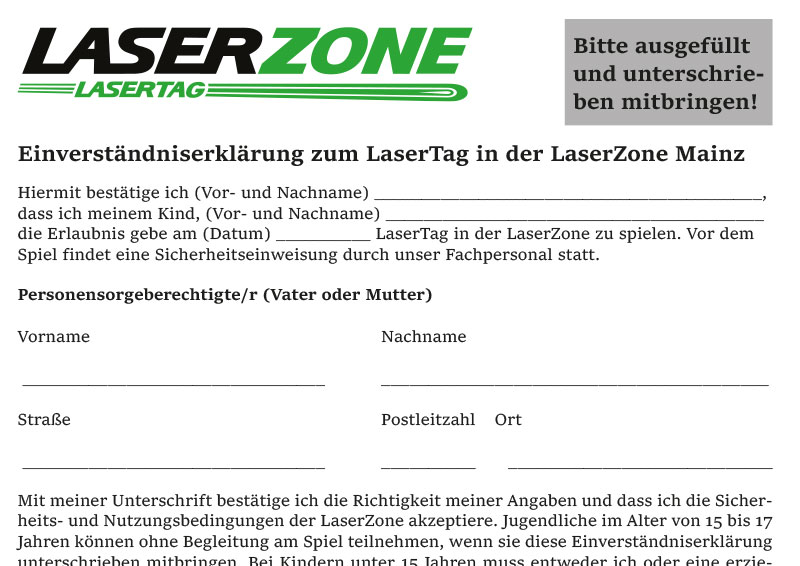 Einverstandniserklarung Zum Lasertag In Der Laserzone Mainz Laserzone