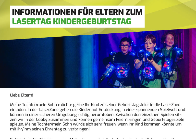 Lasertag Kindergeburtstag Eltern Informationen und Antwortvorlage